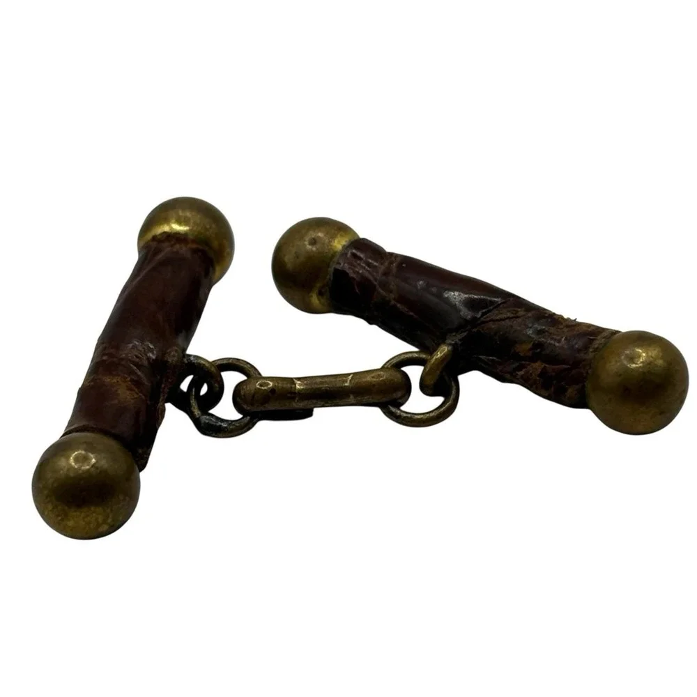 Vtg Antique Cufflinks Brown‎ Snakeskin Leather Brass Barbell  Chain Link RARE